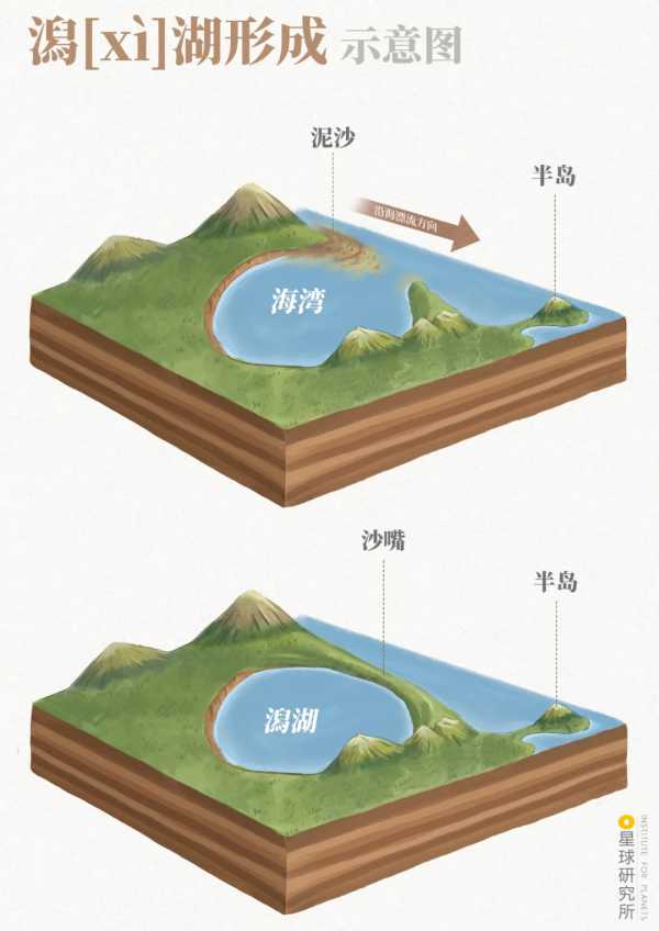 形成湖泊   则为海成湖   也称潟湖   (潟[xì]湖形成示意;制图@赵